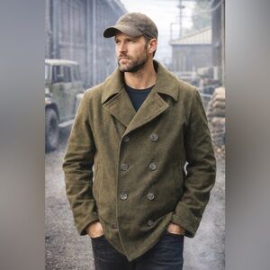 Alpha Industries Coat Men XL Wool Military Double Breasted Workwear Olive Green